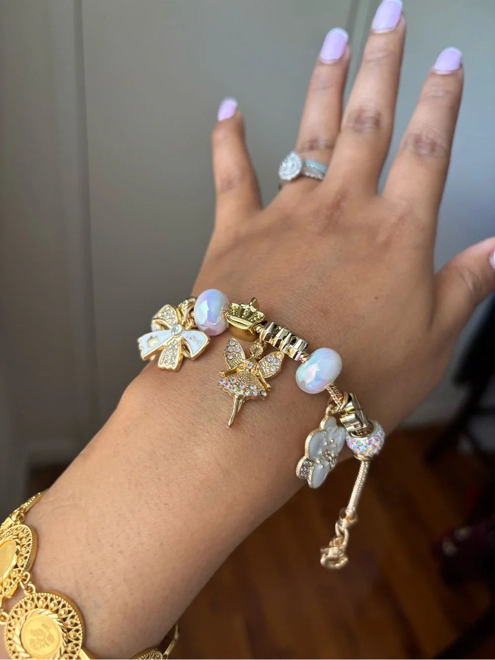 Gold Charm Bracelet with Iridescent Beads and Fairy Charms 🌸
